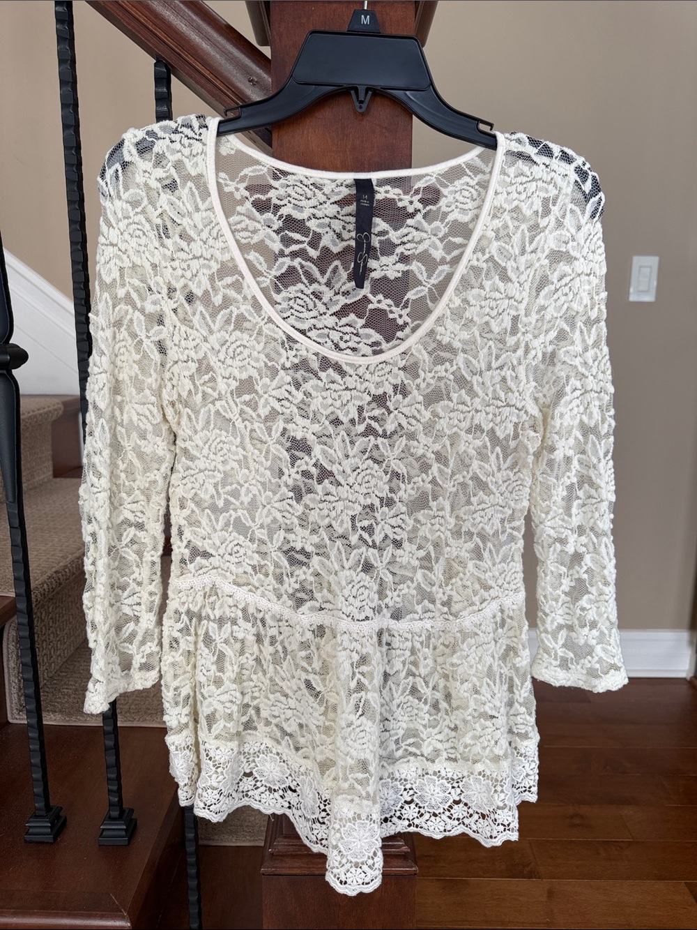 Women's Cream Lace Peplum Top - Elegant Floral Overlay